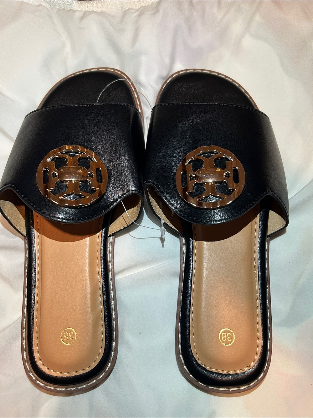 Black Slide Mules with Gold-Tone Medallion